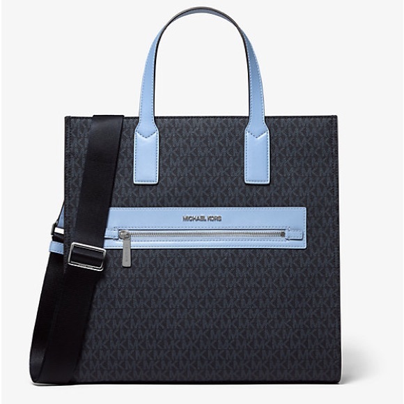 Like-new MICHAEL KORS KENLY Large Graphic Logo Tote Satchel Shoulder Sky Blue - Picture 2 of 8